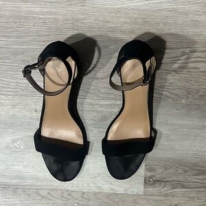 10 Black Fabric Ankle Strap Block Heel Sandals